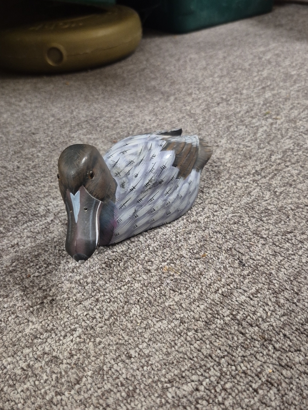 Hand-Painted Wooden Duck Decoy in Brown and Gray